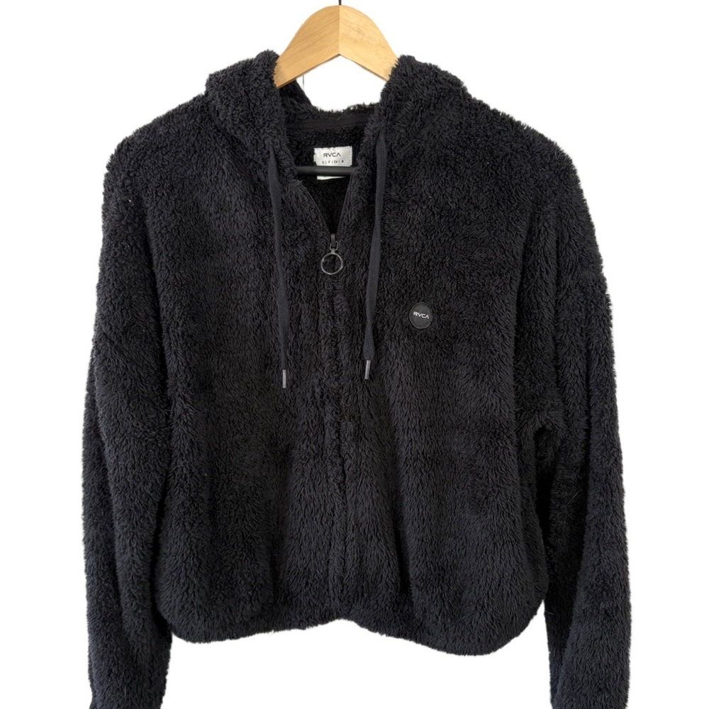 RVCA Black Sherpa Fleece Half Zip Hoodie Cropped Pullover S